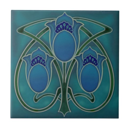Art Nouveau Blue Green Tulip Trio Repro c1900 Fliese (Vorderseite)