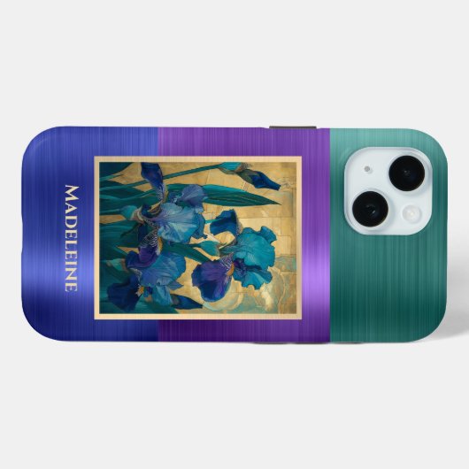 Art Nouveau Blue Lila Iris mit Monogrammname Case-Mate iPhone Hülle (Rückseite (Horizontal))