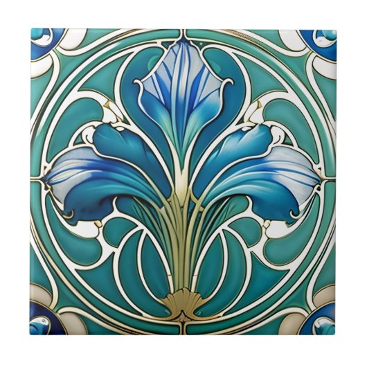 Art Nouveau Blue Stilistik Lily 2 Fliese (Vorderseite)