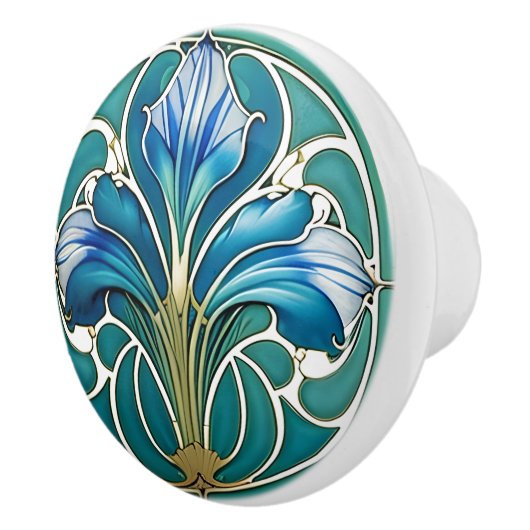 Art Nouveau Blue Stilistik Lily 2 Keramikknauf (Rechts)