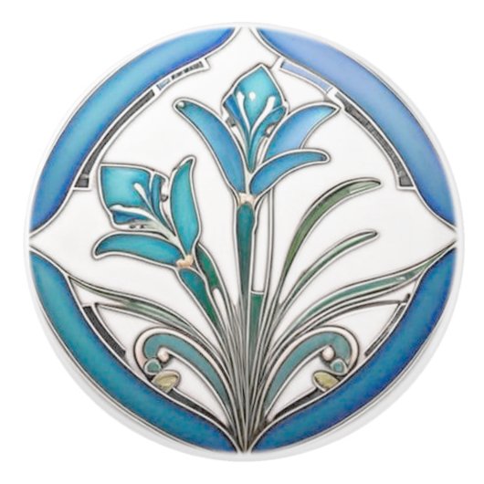 Art Nouveau Blue Stylized Lily Keramikknauf (Vorderseite)