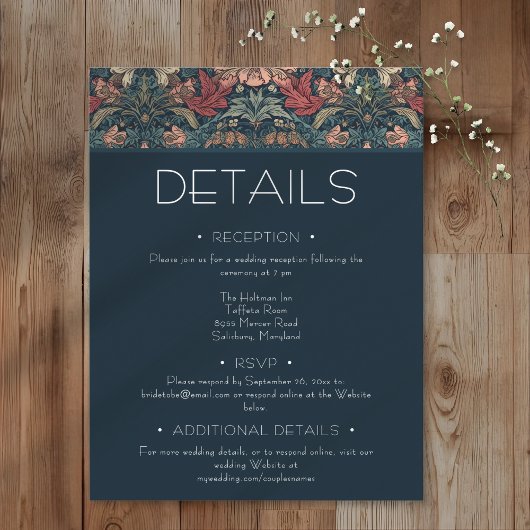 Art Nouveau Blue William Morris Floral Wedding Begleitkarte