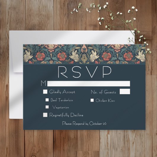 Art Nouveau Blue William Morris Floral Wedding RSVP Karte