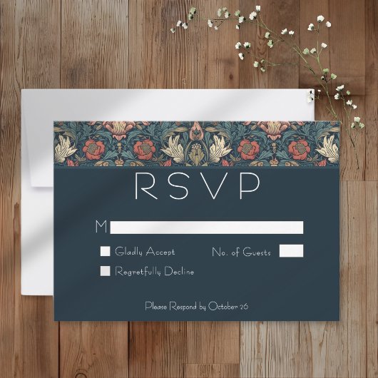 Art Nouveau Blue William Morris Floral Wedding RSVP Karte