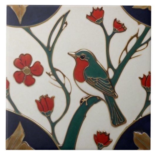 Art Nouveau Bluebird Red & Blue Bird Art Deco Fliese (Vorderseite)