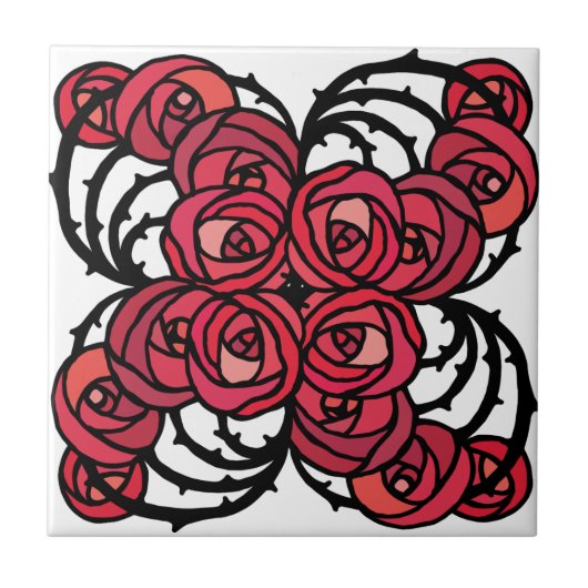 Art Nouveau Blumenmuster Rot und Schwarz Rose Desi Fliese (Vorderseite)