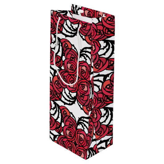 Art Nouveau Blumenmuster Rot und Schwarz Rose Desi Geschenktüte Für Weinflaschen (Vorderseite Schrägansicht)