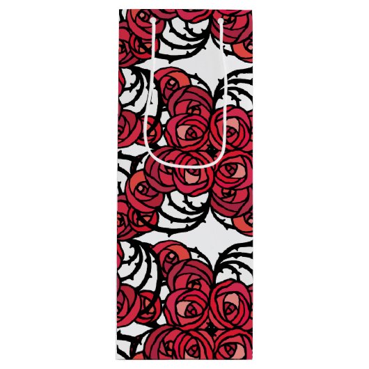 Art Nouveau Blumenmuster Rot und Schwarz Rose Desi Geschenktüte Für Weinflaschen (Vorderseite)