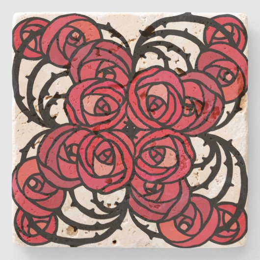 Art Nouveau Blumenmuster Rot und Schwarz Rose Desi Steinuntersetzer (Vorderseite)