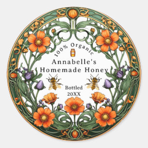 Art Nouveau Blumenrand Selbstgemachter Honig  Runder Aufkleber