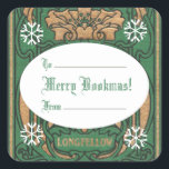 Art Nouveau Bookmas (Christmas Square Sticker) Quadratischer Aufkleber<br><div class="desc">Dieses Merry Bookmas (Weihnachten) Art Nouveau Design verfügt über einen Hintergrund angepasst aus einem Buch von Longfellow in grün und gold. Sicher,  alle,  die schöne alte Bücher schätzen,  darunter: Leser,  Schriftsteller,  Mitglieder des Buchklubs,  Bibliophile,  Buchwürmer,  Bibliothekare,  und Buchliebhaber aller Art.</div>