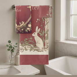 Art Nouveau Burgundy Easter Bunny Floral Vintage Badhandtuch Set
