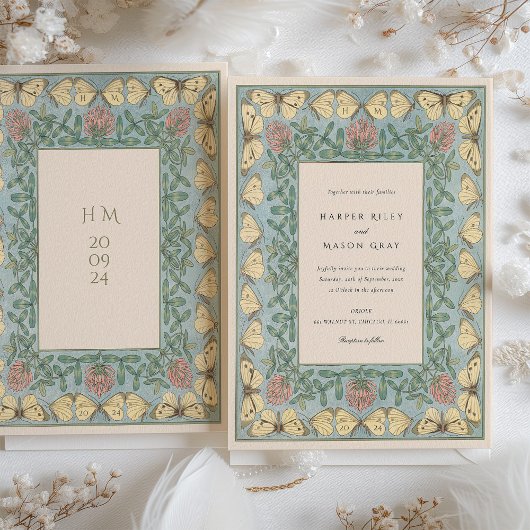 Art Nouveau Butterfly and Clover Wedding Einladung