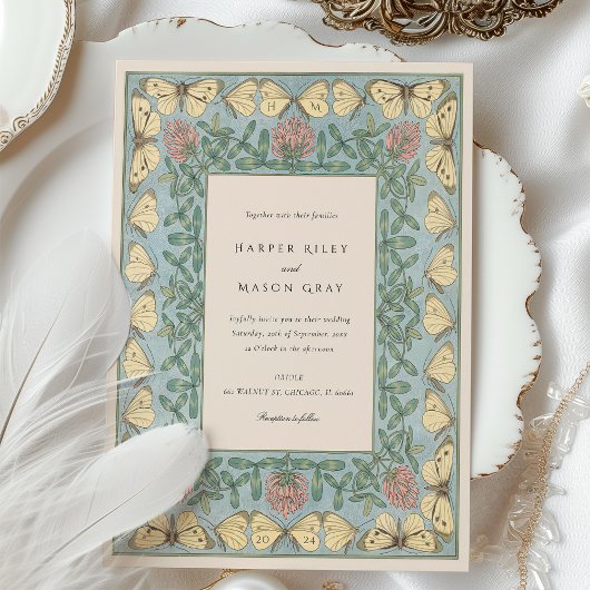 Art Nouveau Butterfly and Clover Wedding Einladung