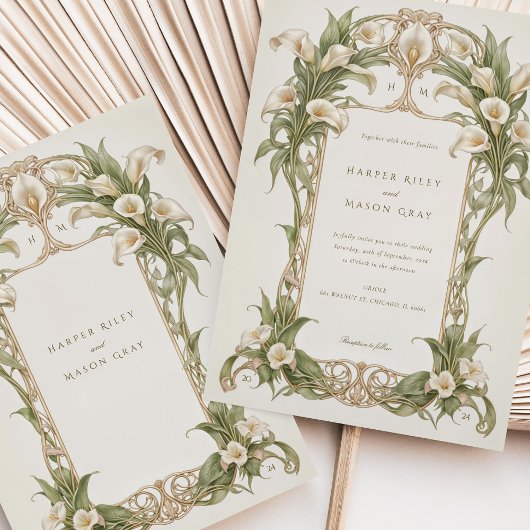 Art Nouveau Calla Lily Wedding in Elfenbein und Gr Einladung