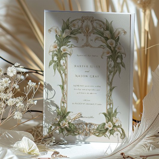 Art Nouveau Calla Lily Wedding in Elfenbein und Gr Einladung