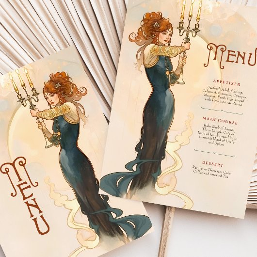 Art Nouveau Candlelight Wedding Menu Card Einladung