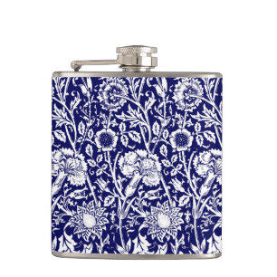 Art Nouveau Carnation Damask, Navy und White Flachmann