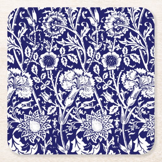 Art Nouveau Carnation Damask, Navy und White Rechteckiger Pappuntersetzer (Vorderseite)