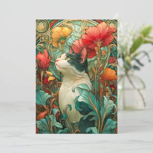 Art Nouveau Cat Feiertagskarte (Stehend Vorderseite)