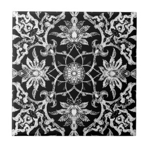Art Nouveau Chinese Pattern - White on Black Fliese