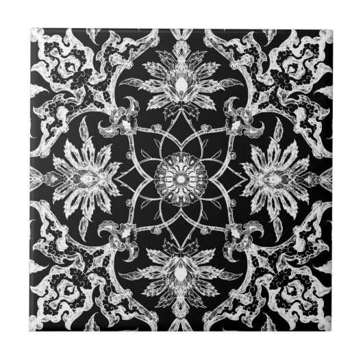 Art Nouveau Chinese Pattern - White on Black Fliese (Vorderseite)