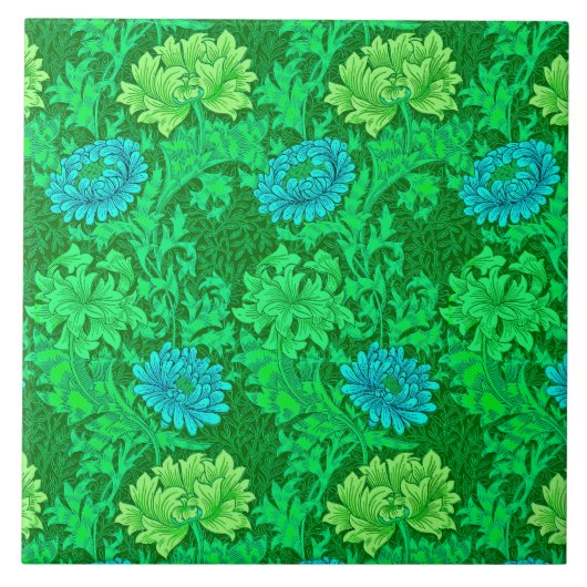 Art Nouveau Chrysanthema, Lime Green & Aqua Fliese (Vorderseite)