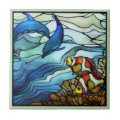 Art Nouveau Clown Fisch und Delphine verklebtes Gl Fliese (Vorderseite)
