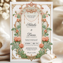 Art Nouveau Coral Floral & Gold Hochzeit