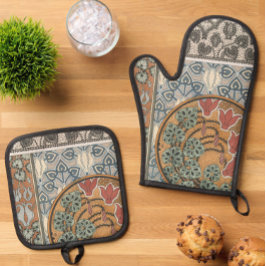 Art nouveau Cyclamen floral Eugene Grasset elegant Ofenhandschuh & Topflappen-Set