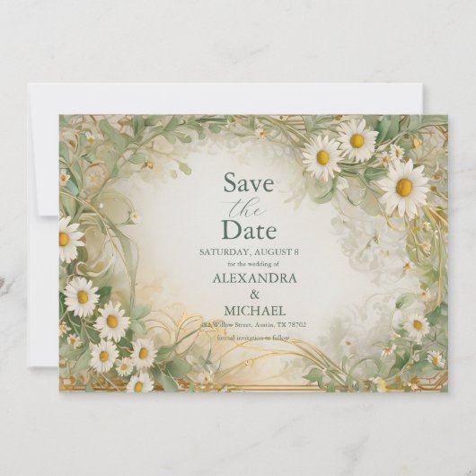 Art Nouveau Daisies Ivory Green Wedding Rettete Th Save The Date (Vorderseite)