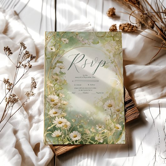 Art Nouveau Daisies Ivory Green Wedding RSVP Karte