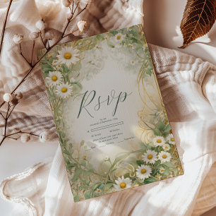 Art Nouveau Daisies Ivory Green Wedding RSVP Karte