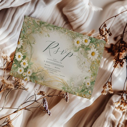 Art Nouveau Daisies Ivory Green Wedding RSVP Karte