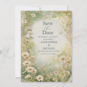 Art Nouveau Daisies Ivory Green Wedding Save The Date (Vorderseite)
