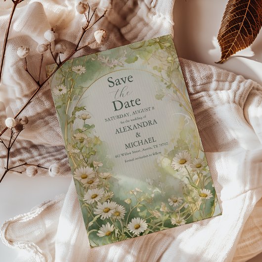 Art Nouveau Daisies Ivory Green Wedding Save The Date