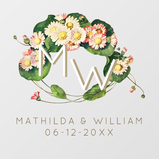 Art Nouveau Daisies Wreath Monogram zum Personalis Fensteraufkleber (Blatt)