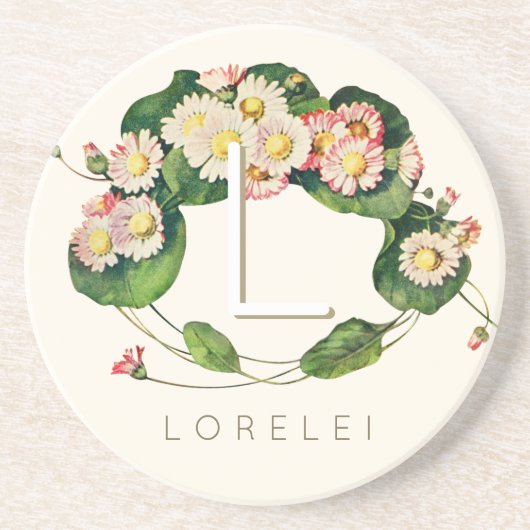 Art Nouveau Daisies Wreath Monogram zum Personalis Getränkeuntersetzer (Vorne)