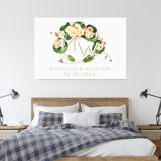Art Nouveau Daisies Wreath Monogram zum Personalis Leinwanddruck (Insitu (Schlafzimmer))