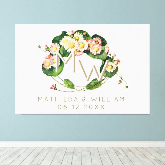 Art Nouveau Daisies Wreath Monogram zum Personalis Leinwanddruck (Insitu (Holzboden))