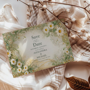 Art Nouveau-Daisy Elfenbein Grün Hochzeit Termin M Save The Date