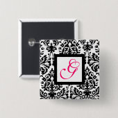 ART NOUVEAU DAMASK SQUARE MONOGRAM, rosa Fuchsia Button (Vorne & Hinten)