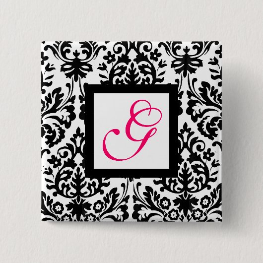 ART NOUVEAU DAMASK SQUARE MONOGRAM, rosa Fuchsia Button (Vorderseite)