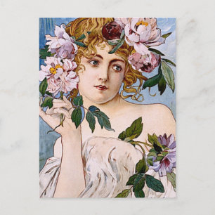 Art Nouveau Dame mit Blumen Postkarte