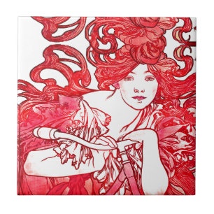 Art Nouveau Dame Mucha Rotes Haar Fahrrad Fliese