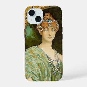 Art Nouveau Dame & Pfau Vintage-Illustration iPhone 15 Hülle