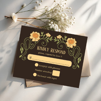 Art nouveau dark brown elegant wedding RSVP karte