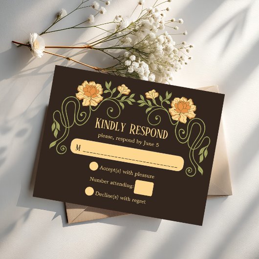 Art nouveau dark brown elegant wedding RSVP karte
