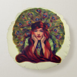 Art nouveau deco elegante Frau Pfauenfedern  Rundes Kissen