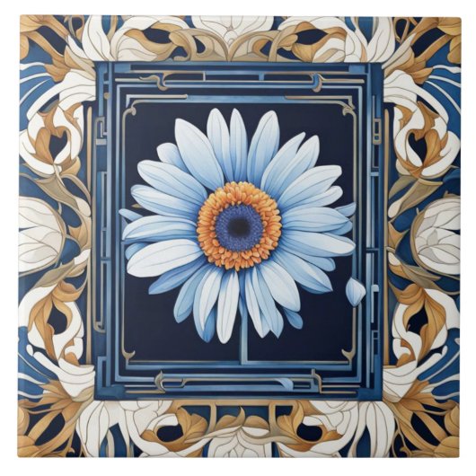 Art Nouveau Deko Blue White Gerbera Daisy Blume Fliese (Vorderseite)
